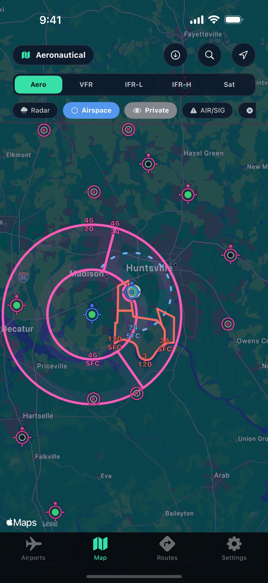 Aeronautical map with airspace and airport symbols